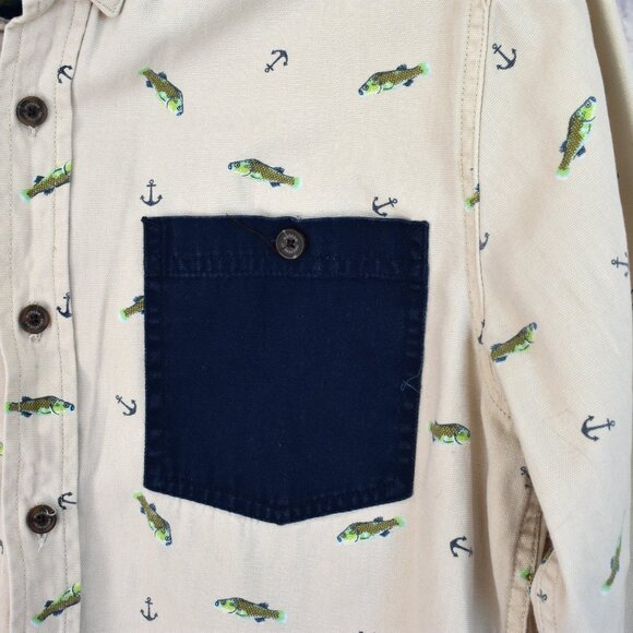 Men's Modern Amusement Shirt Fish Print Long Sleeve Button Up Pocket MEDIUM Beig - Picture 4 of 11